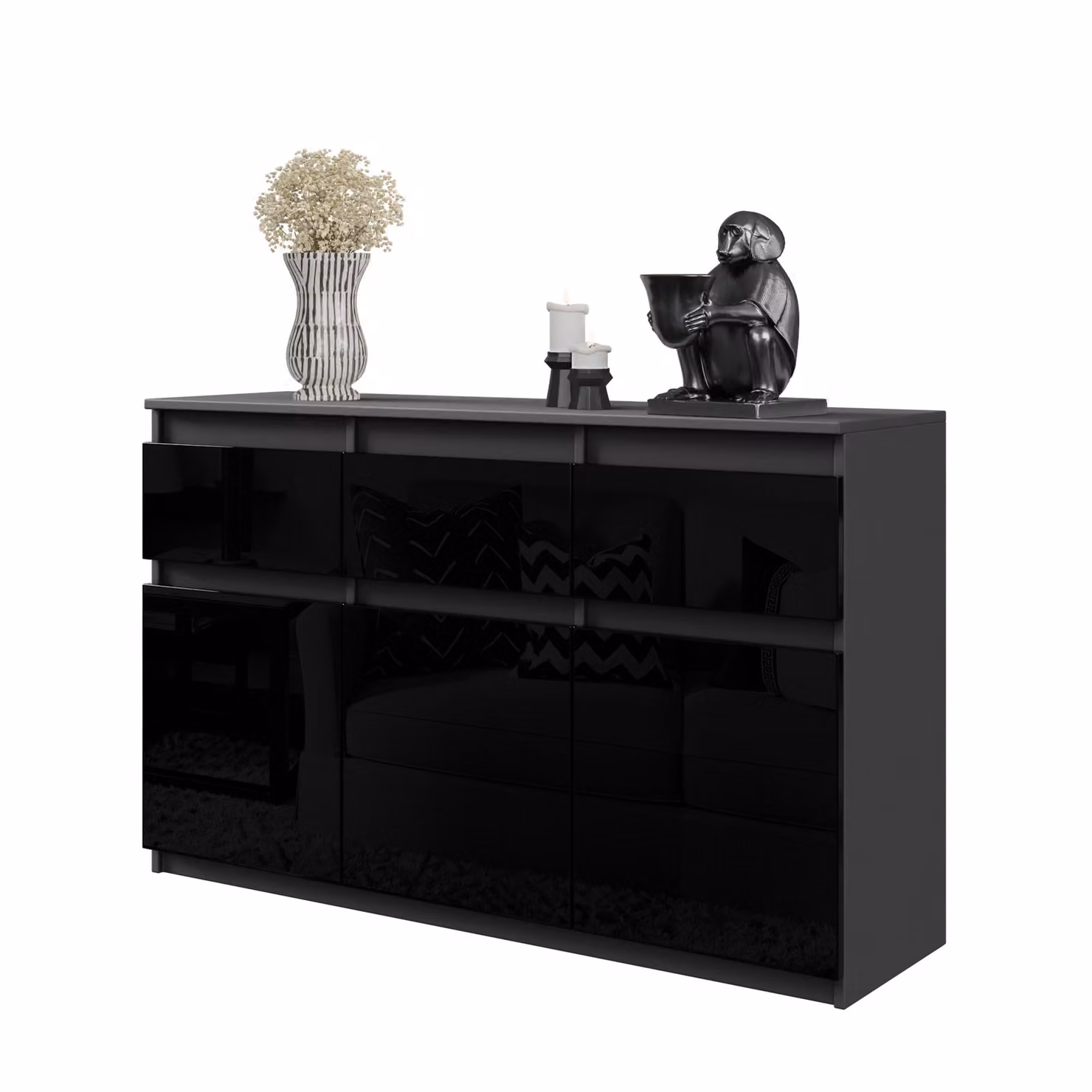 FURNICA - NOAH - Cassettiera / credenza con 3 cassetti e 3 ante - grigio antracite / nero lucido H75cm L120cm P35cm