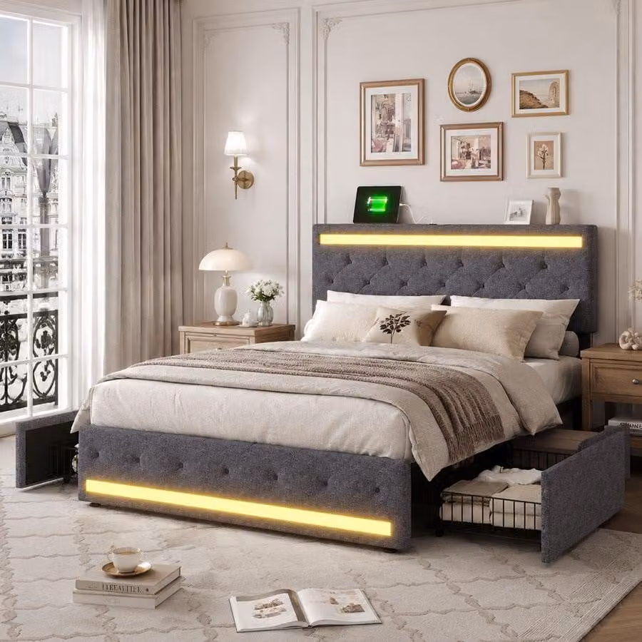Letto imbottito INONEFT, 180 × 200 cm, letto matrimoniale con quattro cassetti e rete a doghe, letto per adulti con LED e USB, adatto anche per ragazzi, rivestito in lino, colore grigio scuro