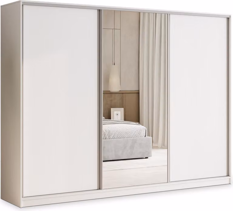 Armadio scorrevole Masseno TARI 235/205/58 cm Armadio con 4 cassetti Armadio per camera da letto a 3 ante con specchio Bianco