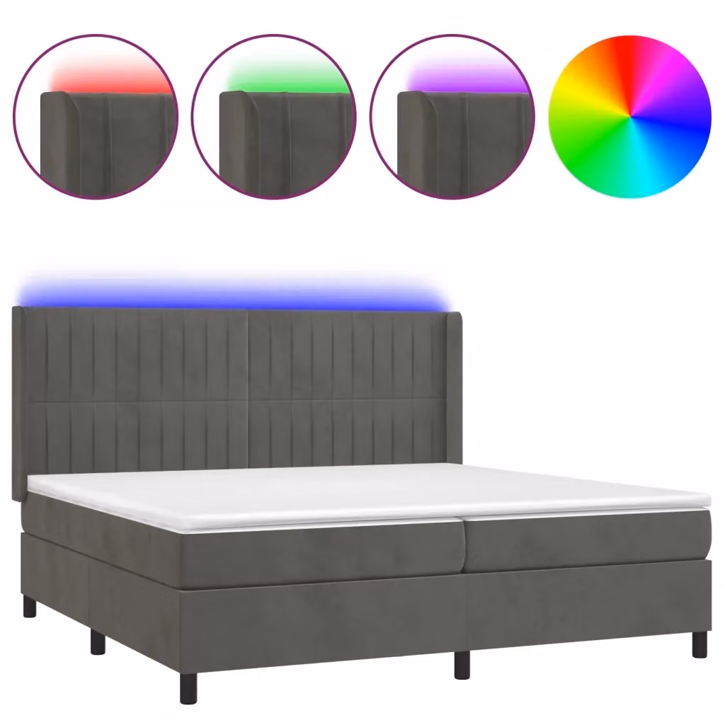 vidaXL Letto Ibrido con Materasso e Illuminazione LED, Rivestimento in Velluto Grigio e Bianco, L/P: 200 x 200 cm – 2