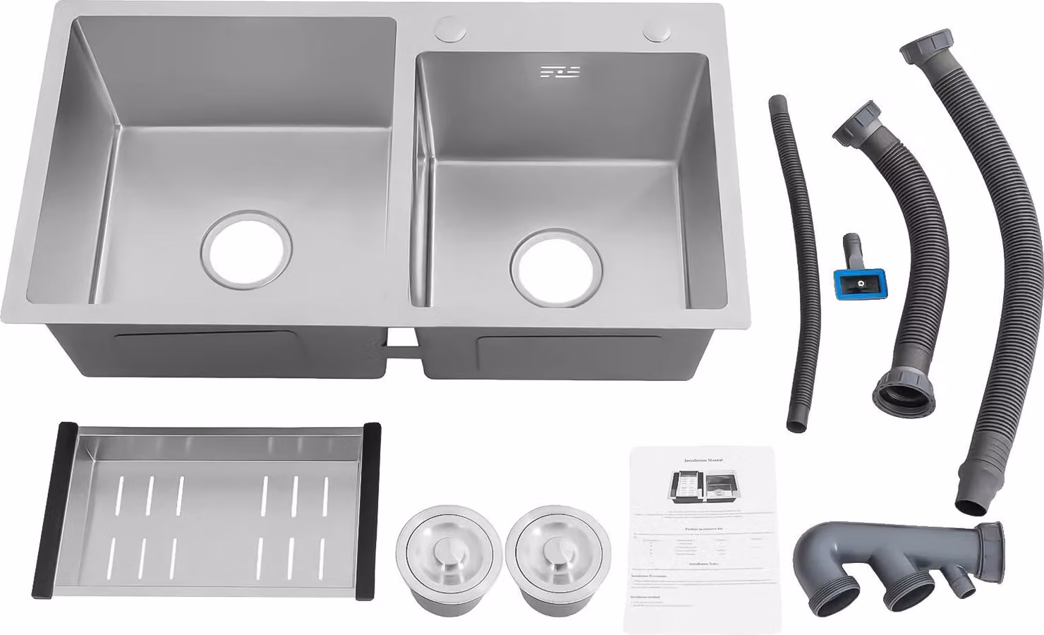 Lavello da cucina, doppio bacino, struttura in acciaio inox, argento