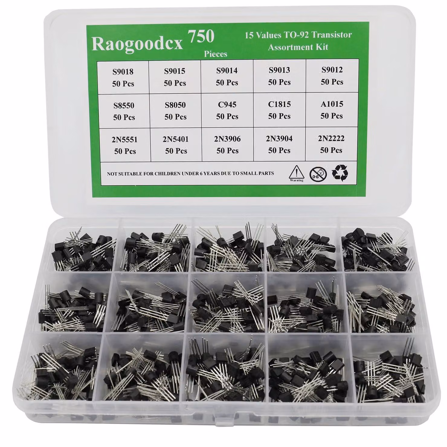 Assortimento di transistor: 750 pezzi, 15 modelli, involucro TO-92, tipo NPN/PNP