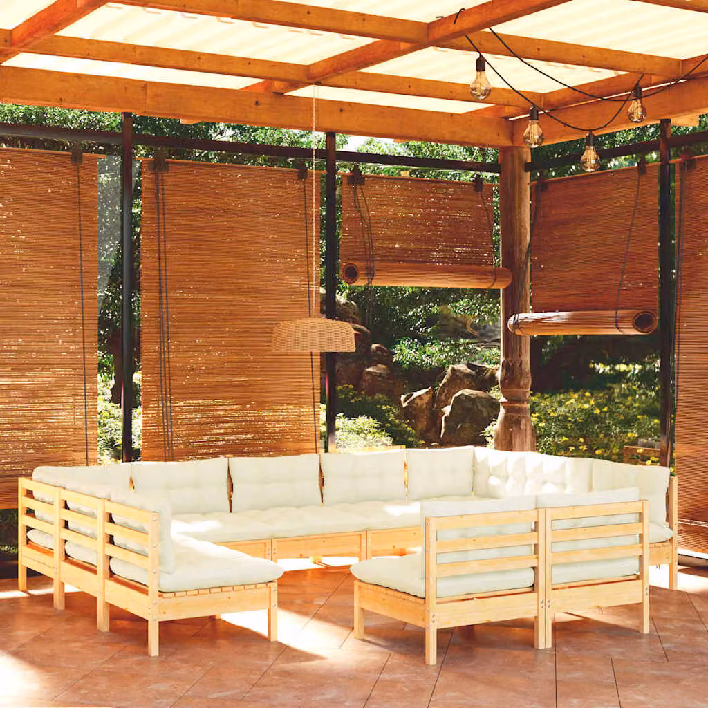 Set di divani da giardino vidaXL a forma di L composto da 11 pezzi in legno massello di pino con cuscini beige