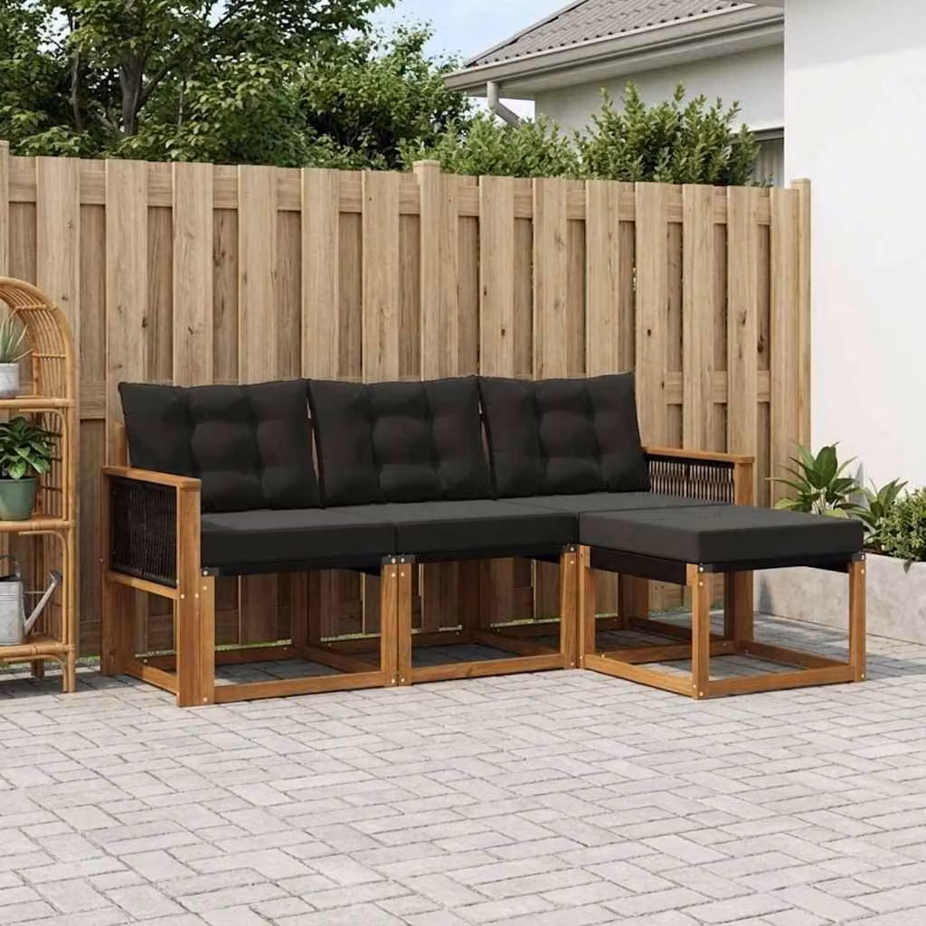 Set di divani da esterno vidaXL a forma di L in legno di acacia con cuscini e pouf, colore marrone e nero