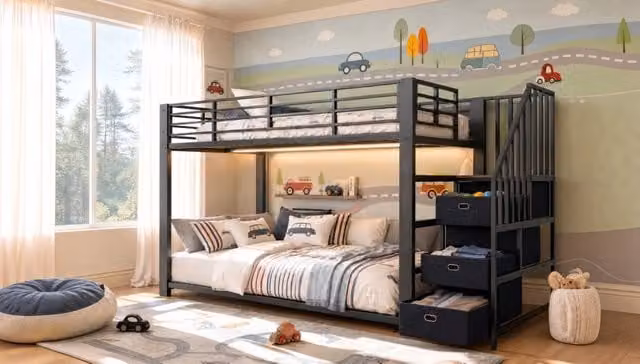 Letto a castello in metallo 90x200 cm con scala reversibile, cassetti contenitori, striscia LED e presa USB, colore nero
