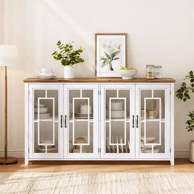 Credenza con ante in vetro e ripiani fissi, piano effetto legno per cucina e soggiorno, in MDF bianco, 160 × 40 × 86 cm