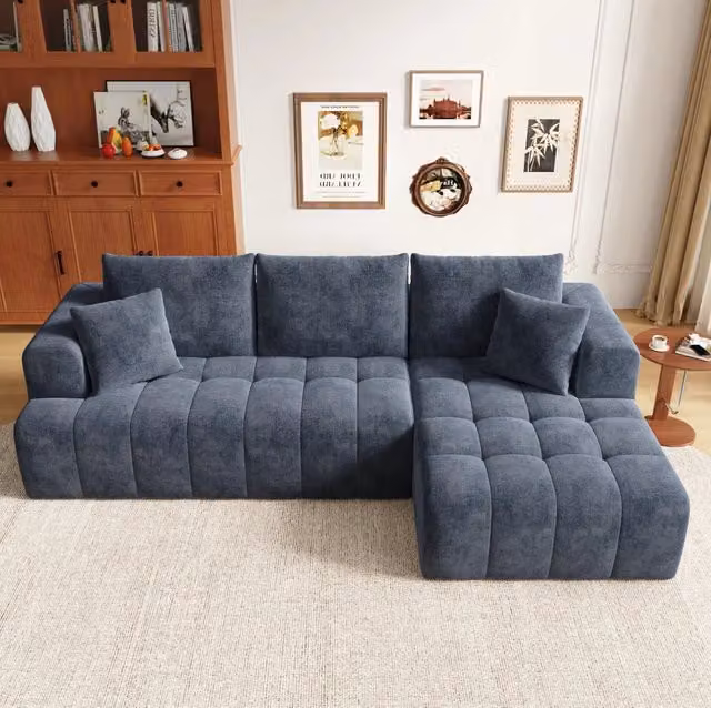 Divano angolare modulare a L 244;5x136x79 cm in ciniglia blu con 2 cuscini