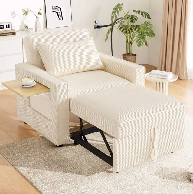 Divano letto monoposto reclinabile con USB e Type-C; tessuto corduroy beige; 93x150x85 cm