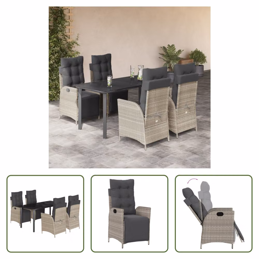 The Living Store Set da pranzo da giardino 5 pezzi con cuscini in rattan grigio chiaro