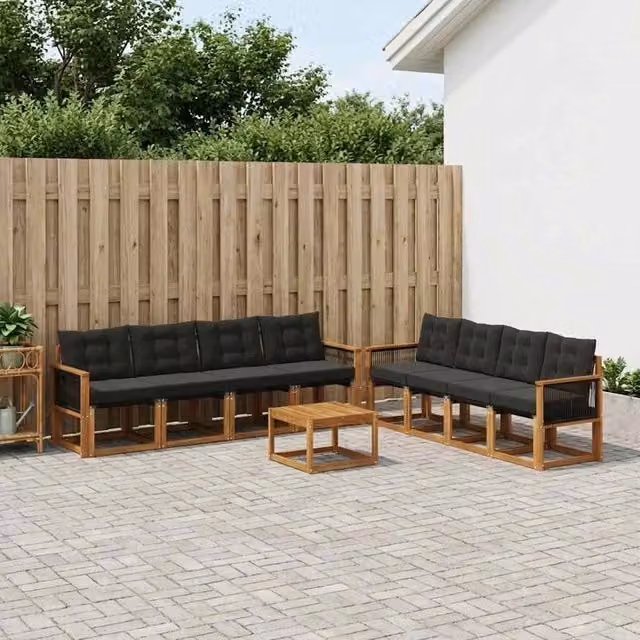 Set di divani da esterno vidaXL a forma di U composto da 9 pezzi in legno di acacia con cuscini, colore marrone e nero