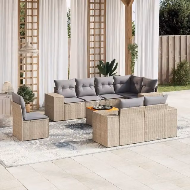 vidaXL Set Divano da Giardino 9 pz in Polyrattan con Cuscini Beige e Grigio per Terrazza e Giardino