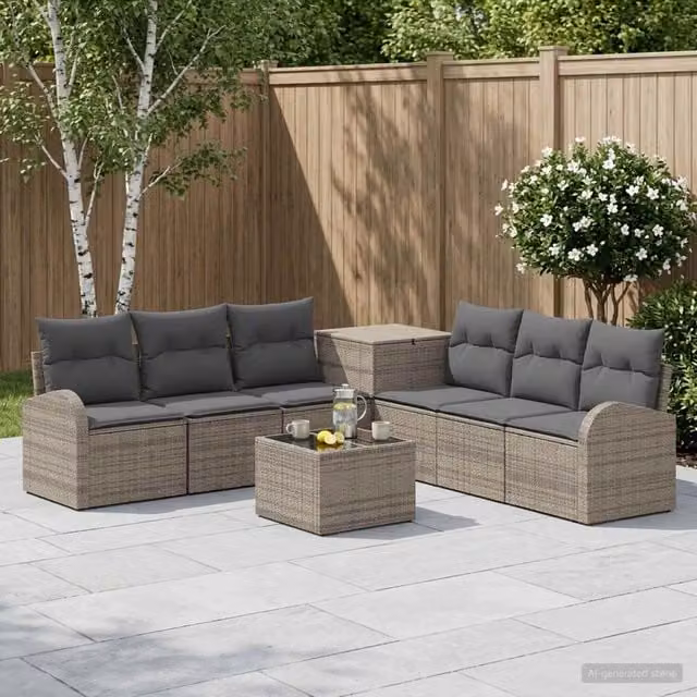 Set di divani da giardino a forma di U vidaXL in polyrattan con tavolino e cuscini, Grigio e Antracite
