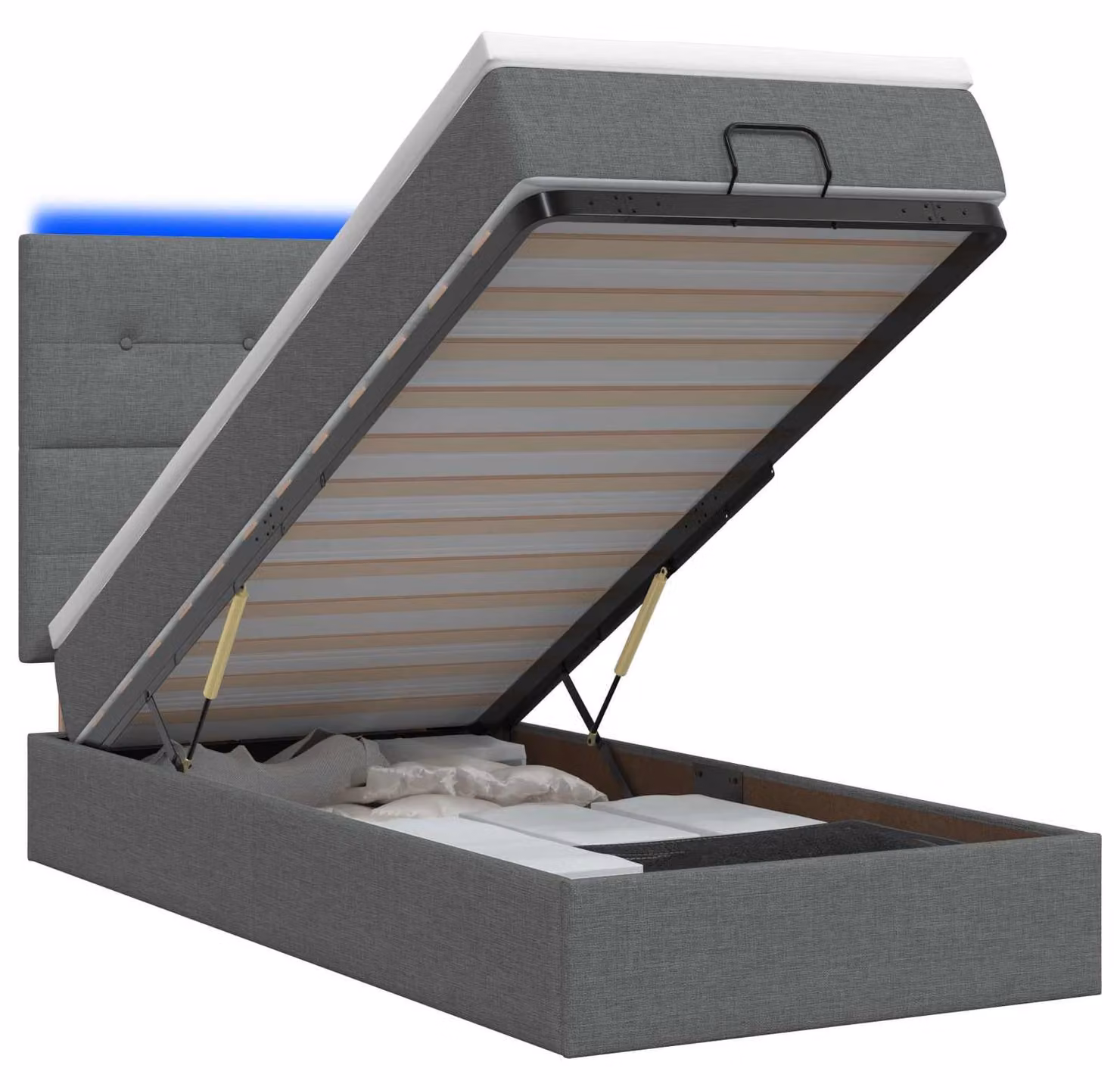 Panca contenitore con materasso e illuminazione LED, colore grigio scuro, dimensioni 80 x 200 cm, rivestita in tessuto