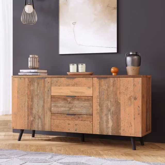 Credenza Vintage in Legno Aosom con 3 Cassetti e Ripiani Regolabili, Marrone Antico, L: 140 cm, P: 35 cm, H: 70 cm