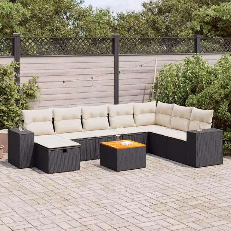 Set di divani da giardino vidaXL 9 pz in polyrattan nero con cuscini e tavolino da esterno a forma di L