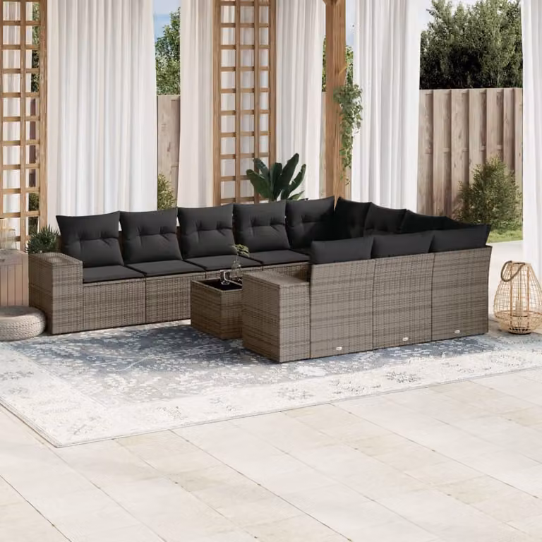 vidaXL Set Divani da Giardino 11 pz in Polyrattan Grigio con Cuscini e Tavolino da Esterno