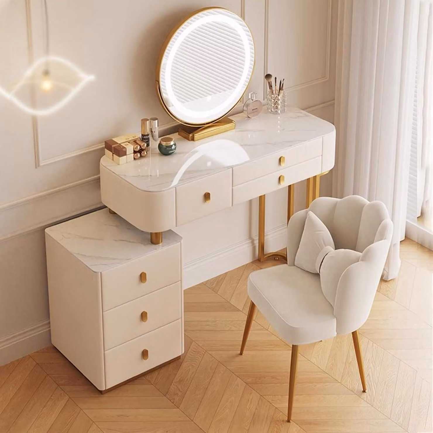 Set da trucco con specchio e sgabello, tavolino da trucco con cassetti, comò per cosmetici bianco, 80 cm