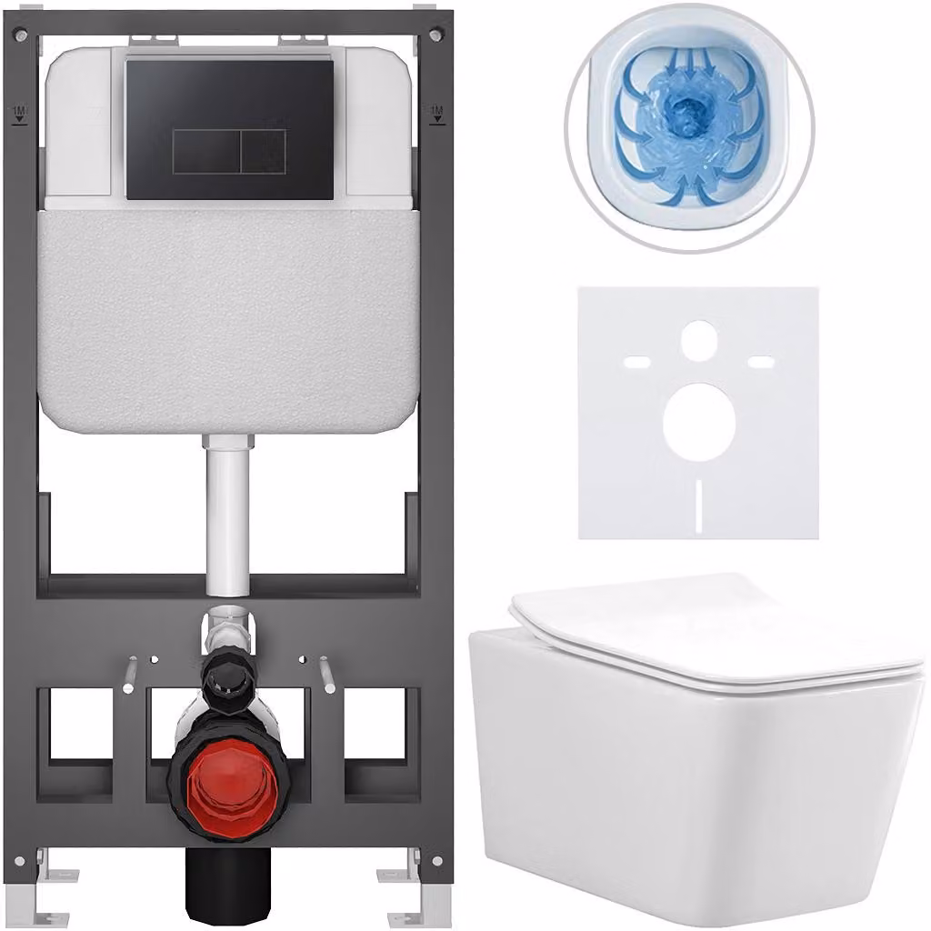 CERANO - Set WC da incasso Forte - bianco lucido - pulsante Prime/Modulo, nero - a pavimento - installazione pre-parete/cartongesso - 51x36 cm