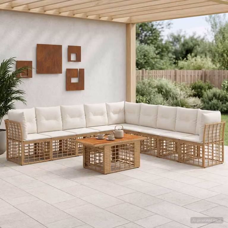 Set Divano da Giardino vidaXL 10 Pezzi in Polyrattan Naturale e Bianco Crema con Struttura in Legno di Acacia