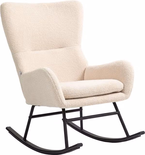 Poltrona a dondolo HOMCOM in tessuto bouclé beige e nero con struttura in metallo e sedile spesso 10 cm