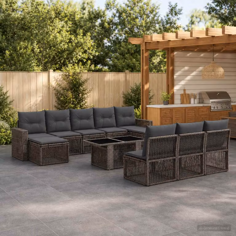 Set Divano da Giardino vidaXL 11 pz in Polyrattan Grigio e Antracite con Cuscini e Tavolino
