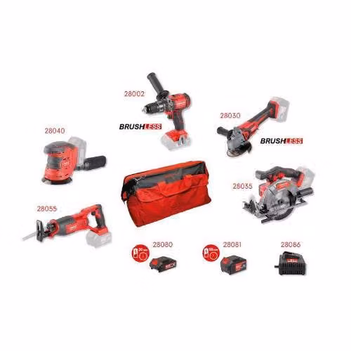 Set di utensili a batteria, FESTA (trapano, smerigliatrice 2x, sega 2x, batterie 2x, caricabatterie)