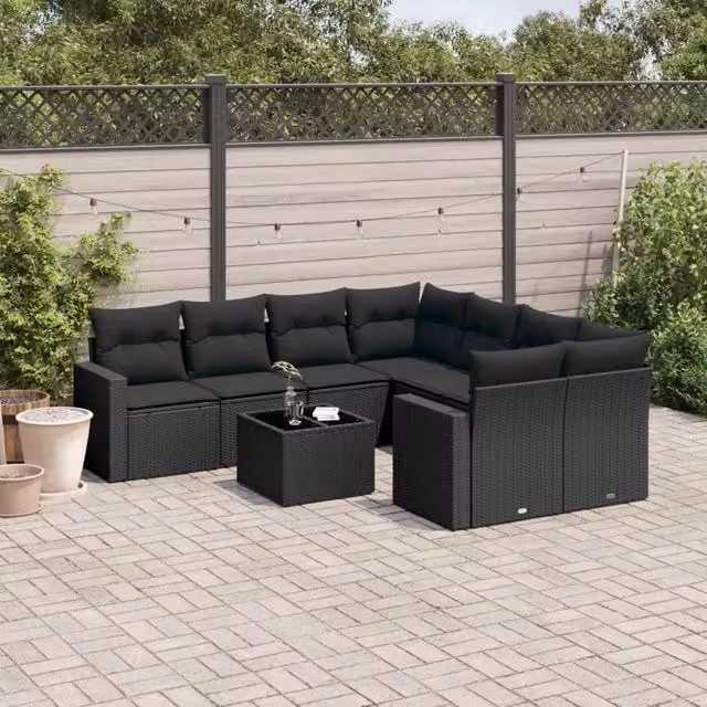 Set Divani da Giardino 9 pz con Cuscini Nero in Polyrattan 3218745