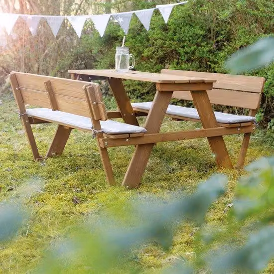 Set da giardino resistente alle intemperie per 4 persone, in legno massello, con schienale, panca e tavolo