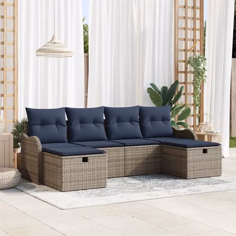 Set di divani da giardino vidaXL a forma di L con 6 posti, colore grigio e blu navy, con struttura in metallo e cuscini inclusi