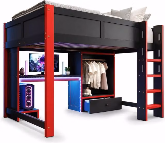 Letto a soppalco moderno con scrivania, armadio, ripiani e illuminazione LED, nero e rosso, L/P/H: 200 x 140 x 205 cm