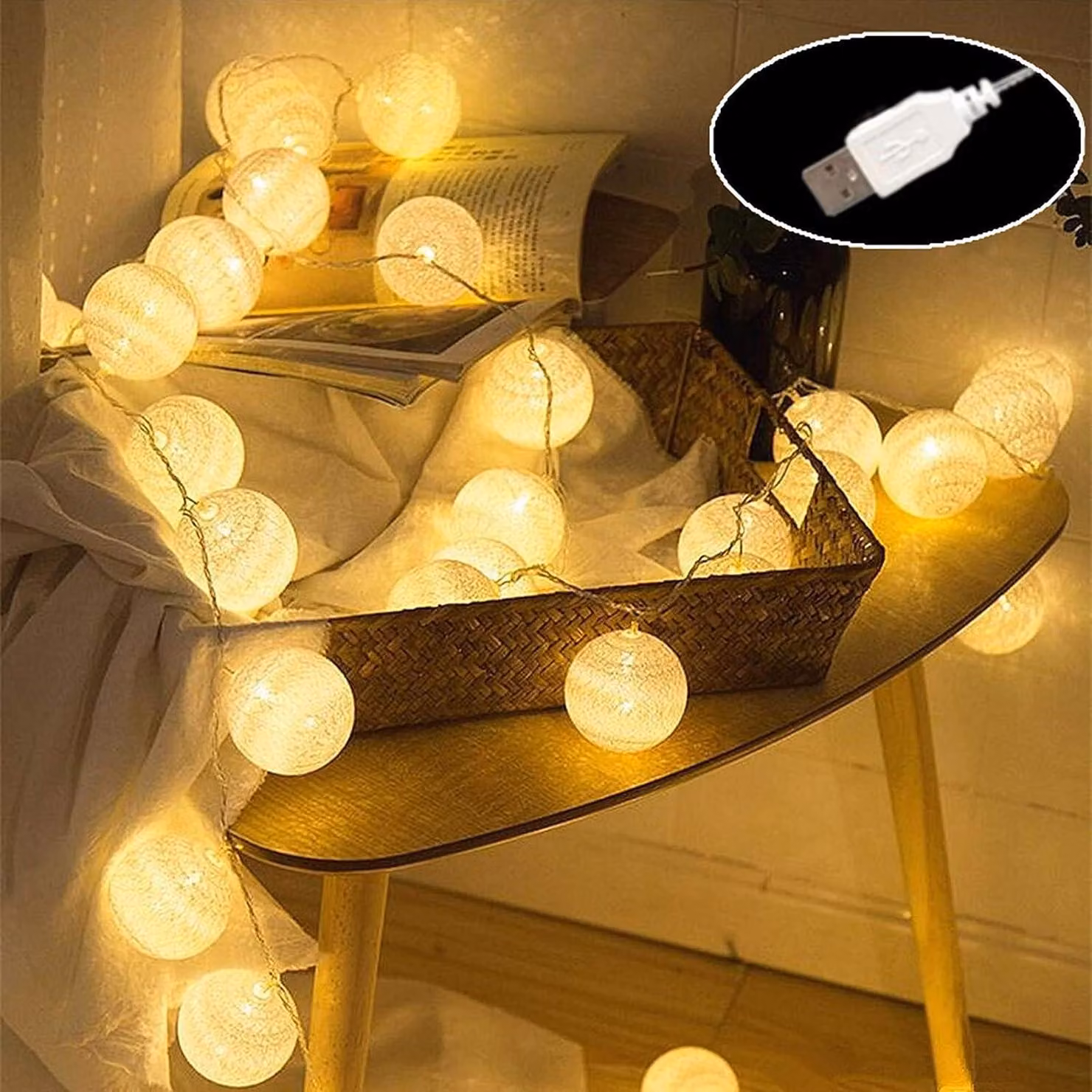 Catena luminosa a LED con forma di cotone, lunghezza 4 metri, 20 LED bianco caldo, alimentazione USB