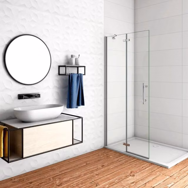 Parete Doccia Walk In Aica Italy con Paretina Fissa e Mobile in Vetro Temperato Trasparente da 6 mm, Trattamento Anticalcare e Telaio Cromato, L: 86 cm, H: 195 cm
