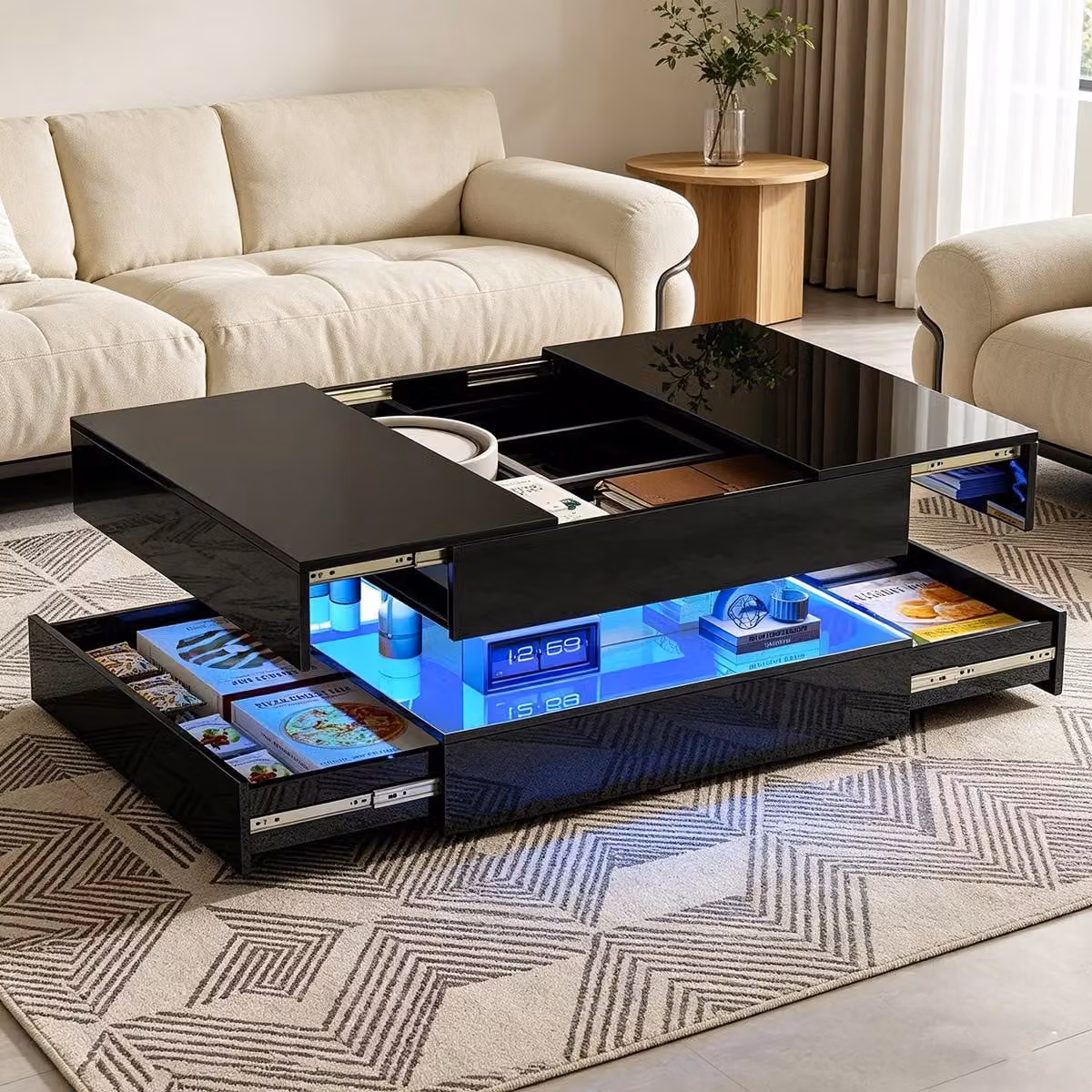 Tavolino estendibile con LED, tavolino laterale con 2 cassetti, tavolino moderno per il soggiorno con piano estendibile, colore nero