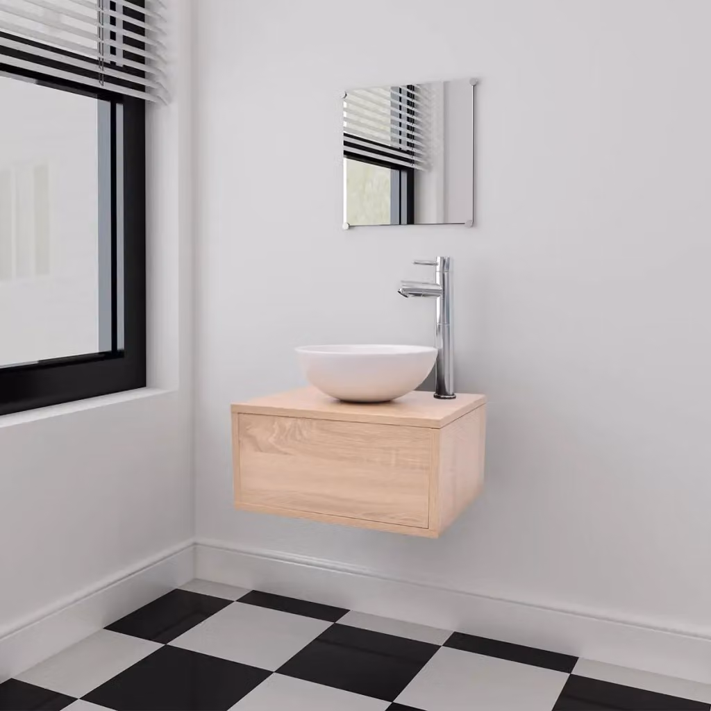 Set Mobili da Bagno Minimalista Beige con Mobile Lavabo e Armadietto Specchio in Legno e Ceramica – 2