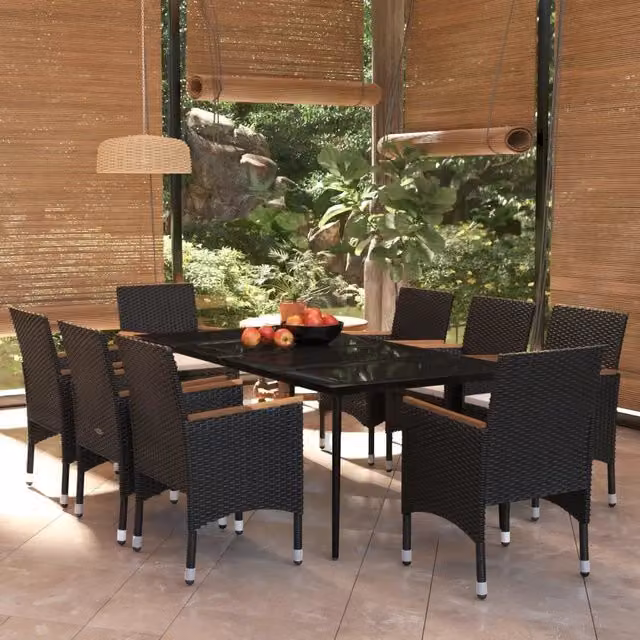 Set da pranzo da giardino vidaXL in polyrattan nero con tavolo in vetro e legno di acacia, 9 pezzi