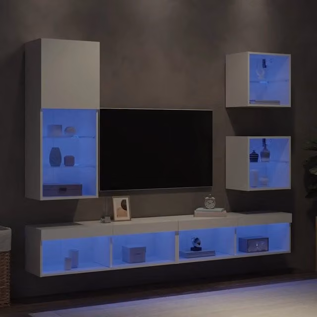 Mobili TV a Muro con LED 5pz-Set di 5 Credenza per TV sospesa Bianchi in Legno Multistrato 483484