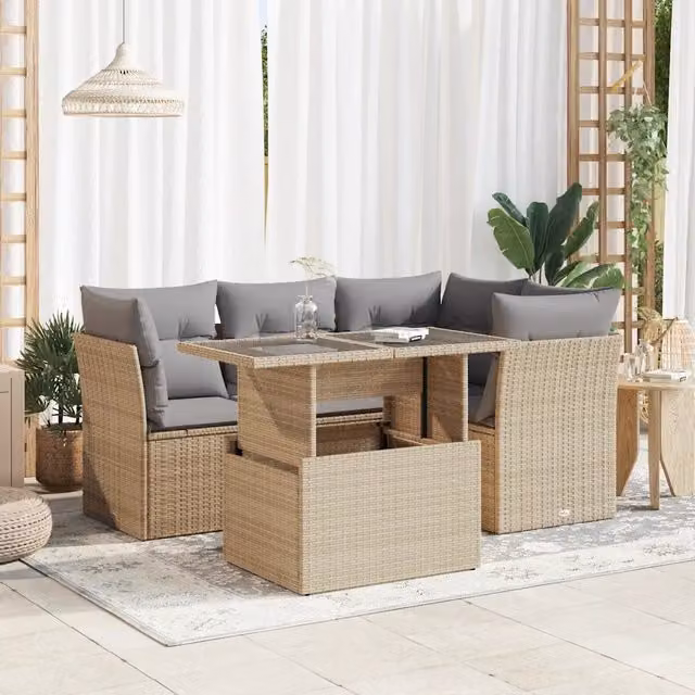 Set Divano da Giardino a L vidaXL con Cuscini Beige e Tavolino in Vetro