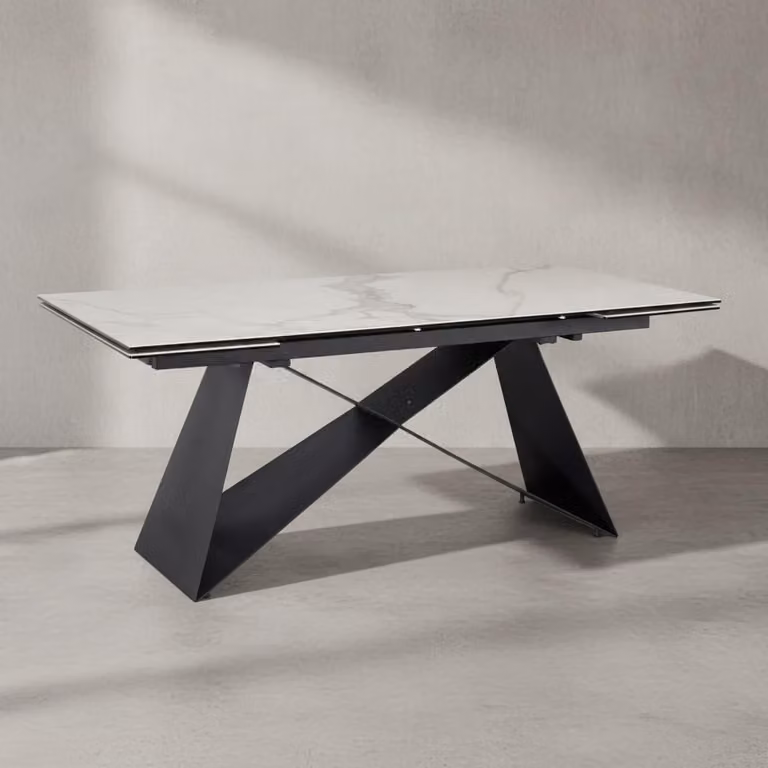 Tavolo da pranzo 180 - 260 cm allungabile in Vetroceramica e vetro bianco, tavolo in Vetroceramica effetto marmo grande, tavolo da cucina di design rettangolare, tavolo da pranzo stravagante con gambe in metallo