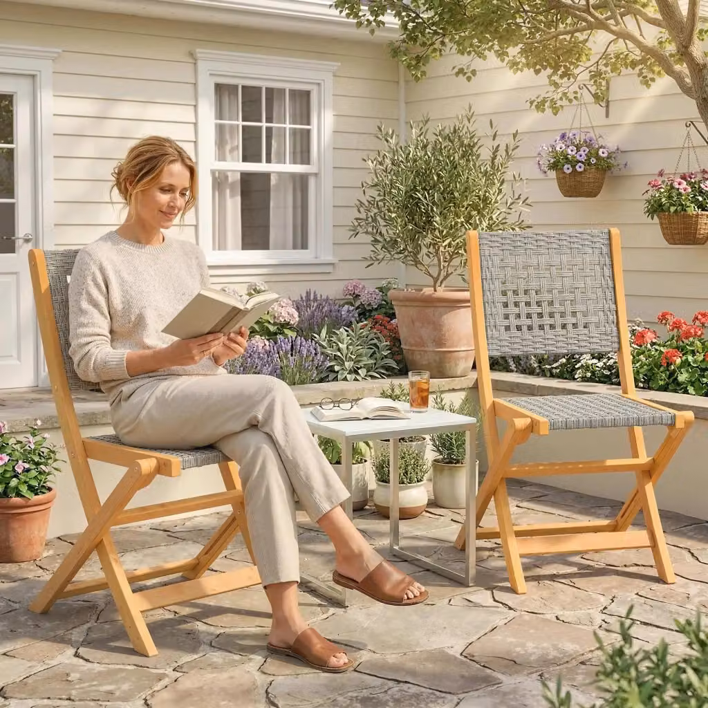 Set di 2 sedie pieghevoli da giardino Giordanoshop in rattan PE e legno di acacia, colore grigio e beige, L/P/H: 47,5 x 56 x 88 cm – 2