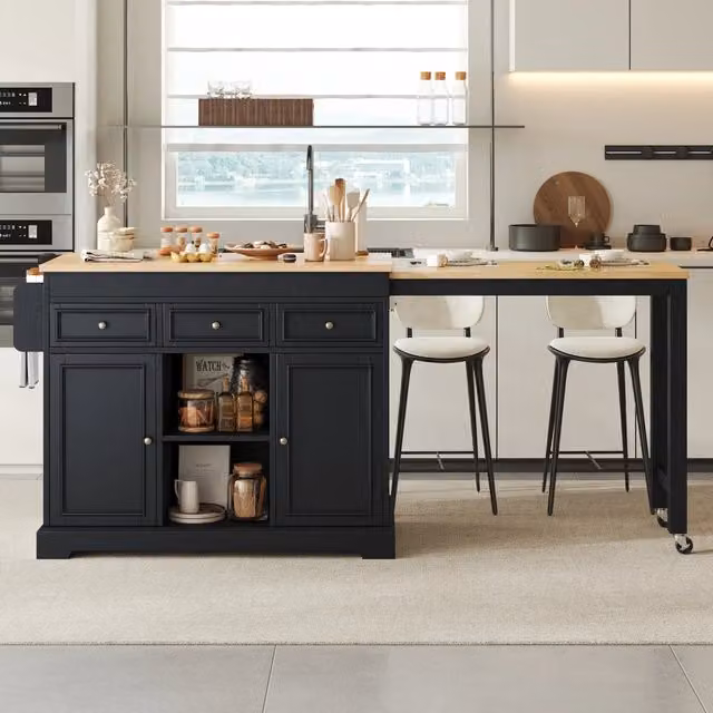 Isola cucina con piano estraibile 112 188 cm in MDF nera con cassetti ante e ruote bloccabili