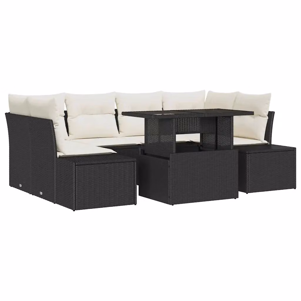 Set Divano da Giardino a L vidaXL in Polyrattan con Cuscini Nero e Beige, 7 Pezzi – 2