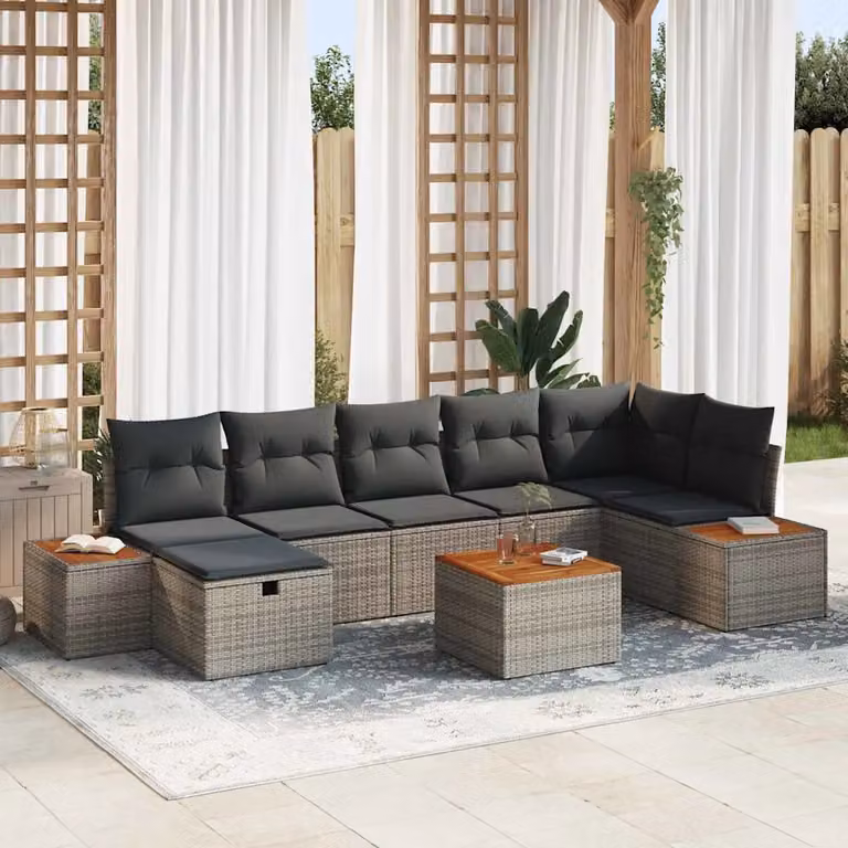 Set Divano da Giardino a L vidaXL 8 Pezzi Grigio con Cuscini e Tavolino in Polyrattan e Acciaio