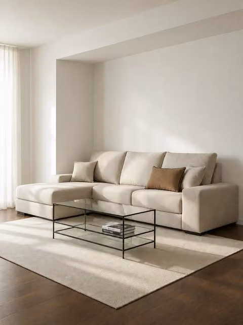 Divano Sound con chaise longue sinistra a 3 posti Kenay Home, colore beige, sedute estraibili e profondità regolabile, L: 261 cm