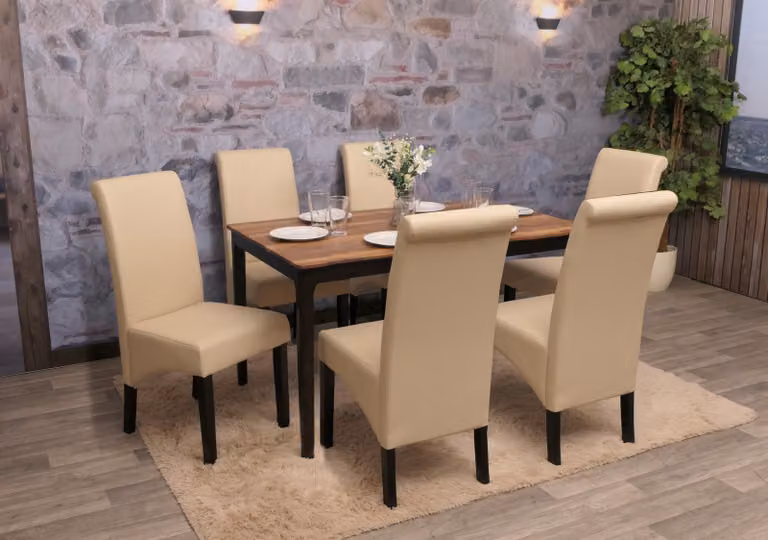 Set di 6 sedie da pranzo Cesena ~ in pelle, color crema, gambe scure