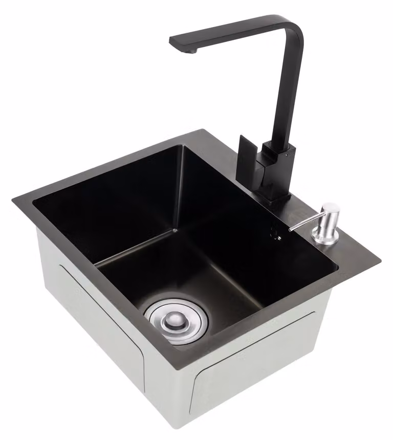 Lavello da cucina in acciaio inossidabile 304 - Modello da incasso a vasca singola - Con rubinetteria - Rivestimento nano per una facile pulizia - Foro singolo - Design salvaspazio - Nero