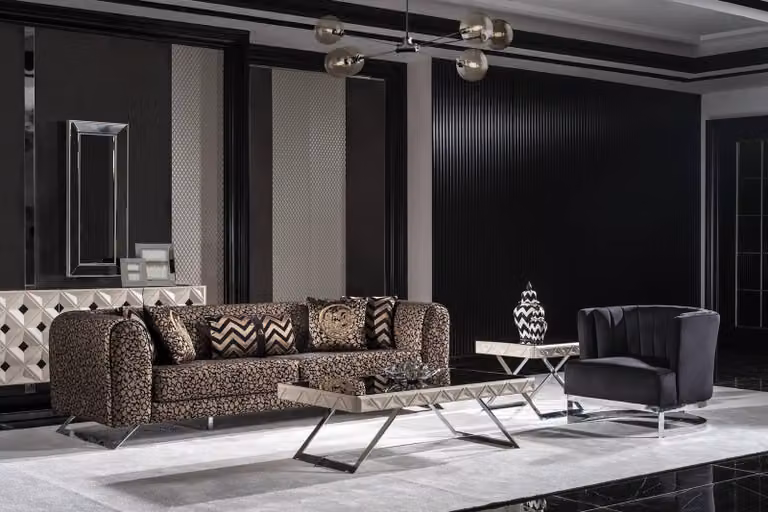 Elegantes 4-Sitzer-Sofa und Sessel aus Holz und Textil in Schwarz