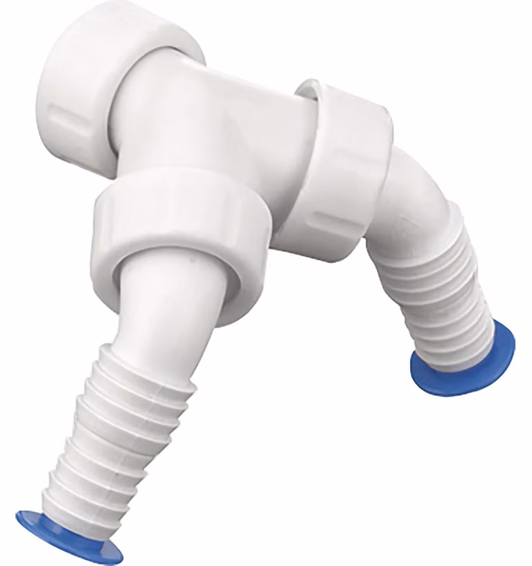 Raccordo a vite doppio per tubi flessibili in PP a 45°, 3/4" e 1", bianco con due tappi