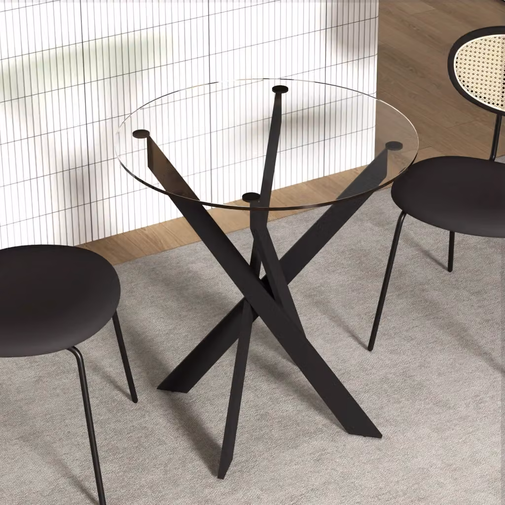 Tavolo da pranzo rotondo moderno REDOM in vetro nero e metallo, per 4 persone, Ø 70 cm, H 75 cm – 2