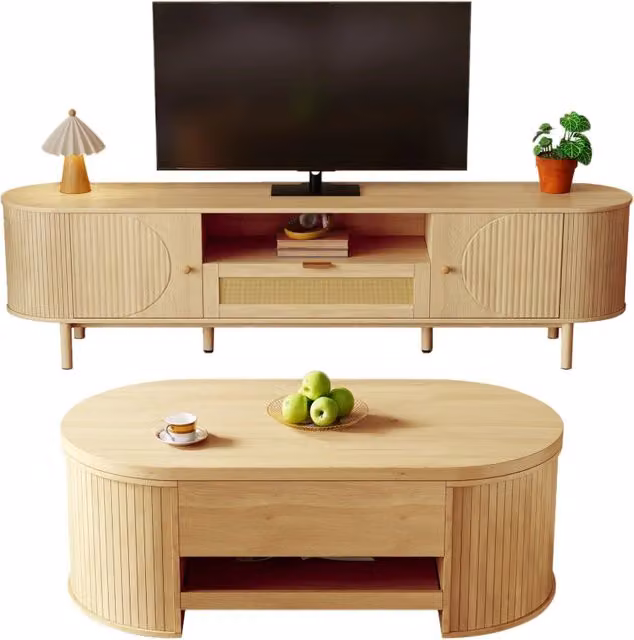 Set mobili soggiorno: mobile TV e tavolino regolabile in altezza. Design moderno, spazi di archiviazione, bordi arrotondati. Coordinati o acquistabili singolarmente.