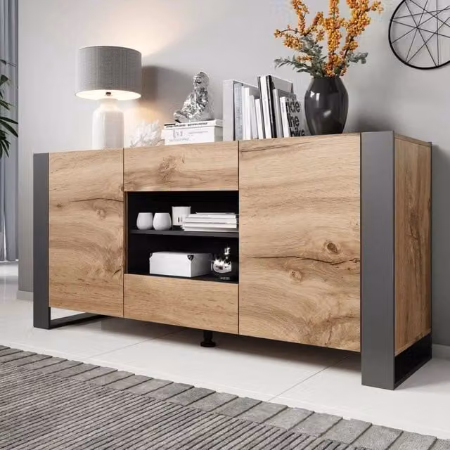 Madia Albignola DMORA, Credenza con 4 Ripiani in Rovere Nodi Marrone, L: 164 cm, P: 44 cm, H: 80 cm – 1